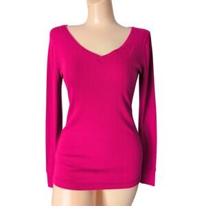 Pink‎ Ribbed V-Neck Long Sleeve Fitted Knit Top Women Small Y2K Preppy Coquette
